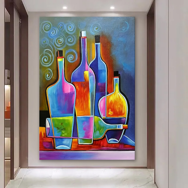Oil Painting 100% Handmade Hand Painted Wall Art On Canvas Wine Bottle Colorful Vertical Still Life Modern Home Decoration Decor Rolled Canvas No Frame Unstretched4
