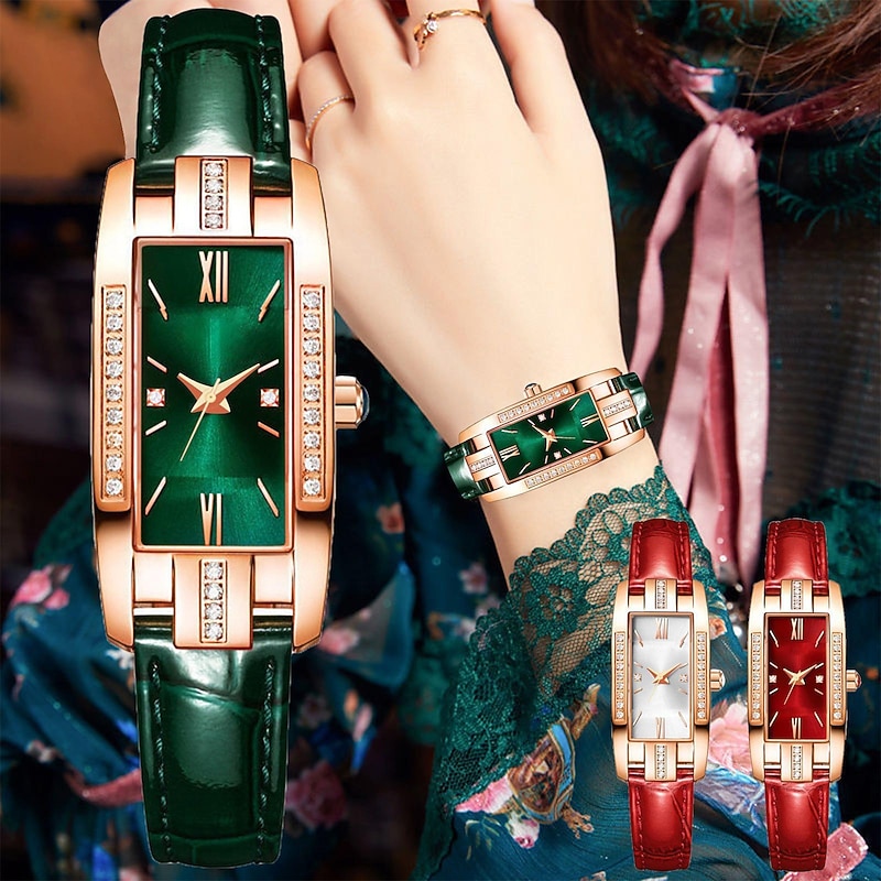 Lady Quartz Small Watch With Square Roman Numerals Dial Vintage Dress Watch Rhinestone Wristwatches with Chain Bracelet