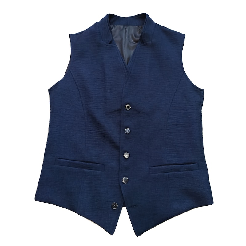 Men's Vest Waistcoat Wedding Business Daily Business Casual Spring Fall Pocket Polyester Breathable Plain Single Breasted V Neck Regular Fit Navy Blue Vest3