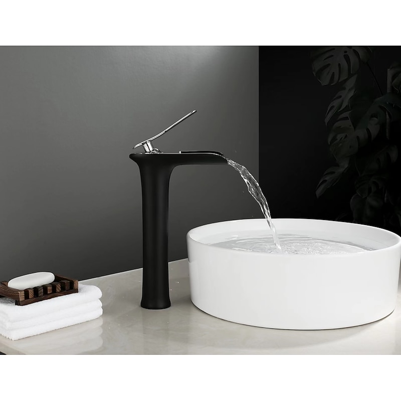 Waterfall Bathroom Sink Mixer Faucet Tall, Mono Wash Basin Single Handle Basin Taps Washroom with Hot and Cold Hose Monobloc Vessel Water Brass Tap Deck Mounted 8
