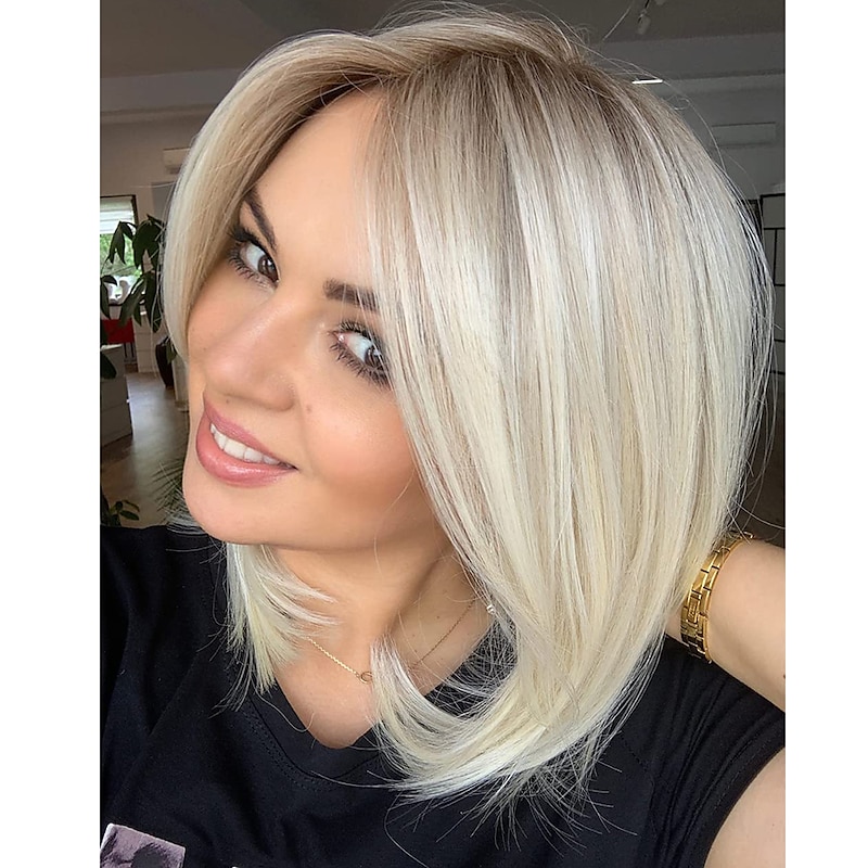 Short Platinum Blonde Bob Wigs for White Women Ombre Blonde Wig with Brown Roots Straight Heat Synthetic Daily Party Wig