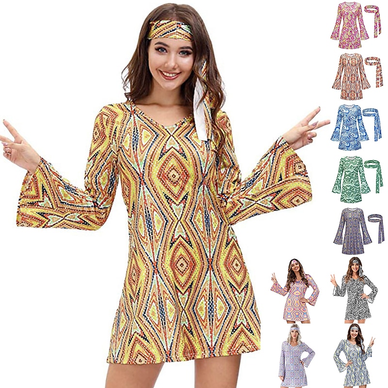 Hippie Retro Vintage Hippie 1970s Disco Dress Headpiece Women's Costume Vintage Cosplay Party & Evening Dress Masquerade