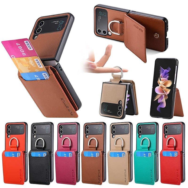 Phone Case For Samsung Galaxy Z Flip 7 Z Flip 6 Z Flip 5 Z Flip 4 Z Flip 3 Back Cover Flip With Card Holder Kickstand Solid Colored PC PU Leather3