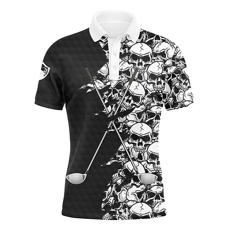 Men's Skull Sports Polo Shirts Golf Shirt Short Sleeve Polo Shirts Collared Shirts Casual Sportswear Vacation Wear 3D Print Buttons Black White Yellow