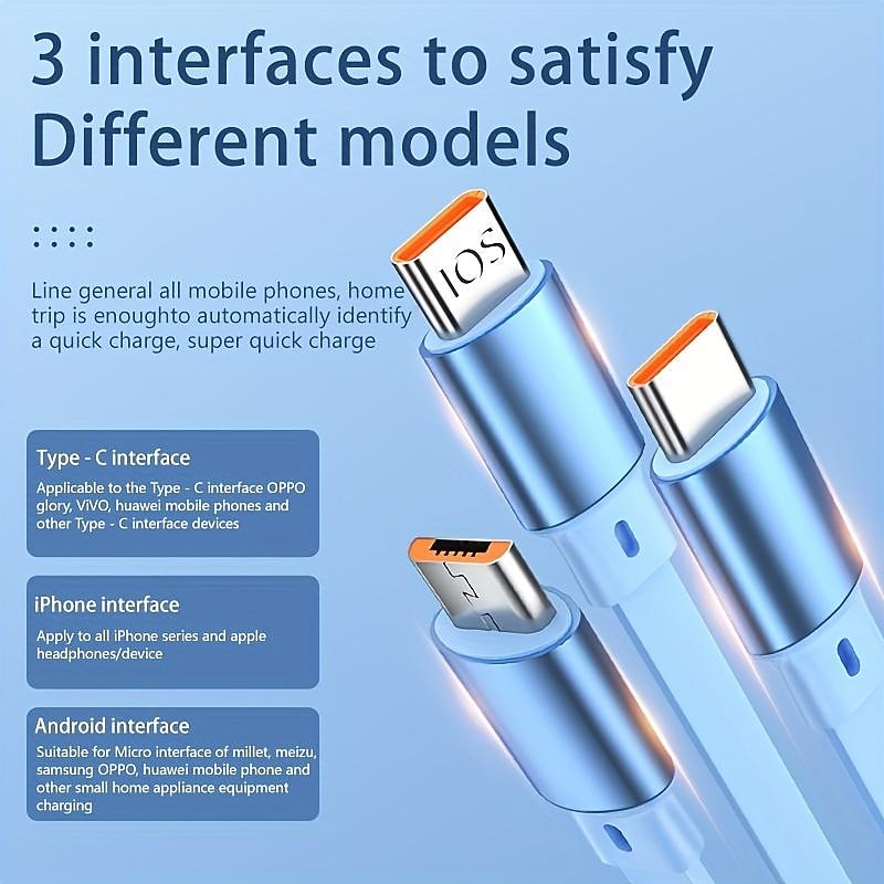 100W Super Fast Charge 3-in-1 Retractable Charging Cable For Apple Android Type-C USB Charge Car Multifunctional Mobile Phone Electronic Accessories4