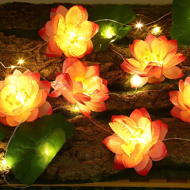 Solar Powered Lotus String Lights 2m 20LEDs Outdoor Waterproof Garland Light Garden Pond Yard Holiday  Decoration Landscape Light (5 Flowers and 5 Leaves)2