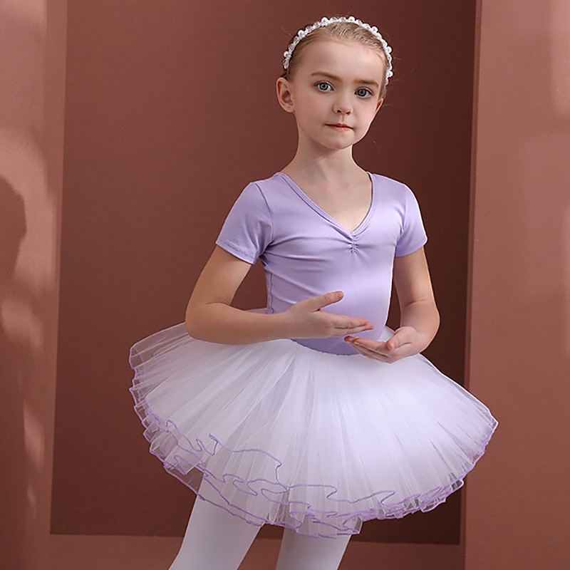 Kids' Dancewear Ballet Leotard / Onesie Bowknot Pure Color Splicing Girls' Performance Training Short Sleeve High Cotton Blend Tulle4