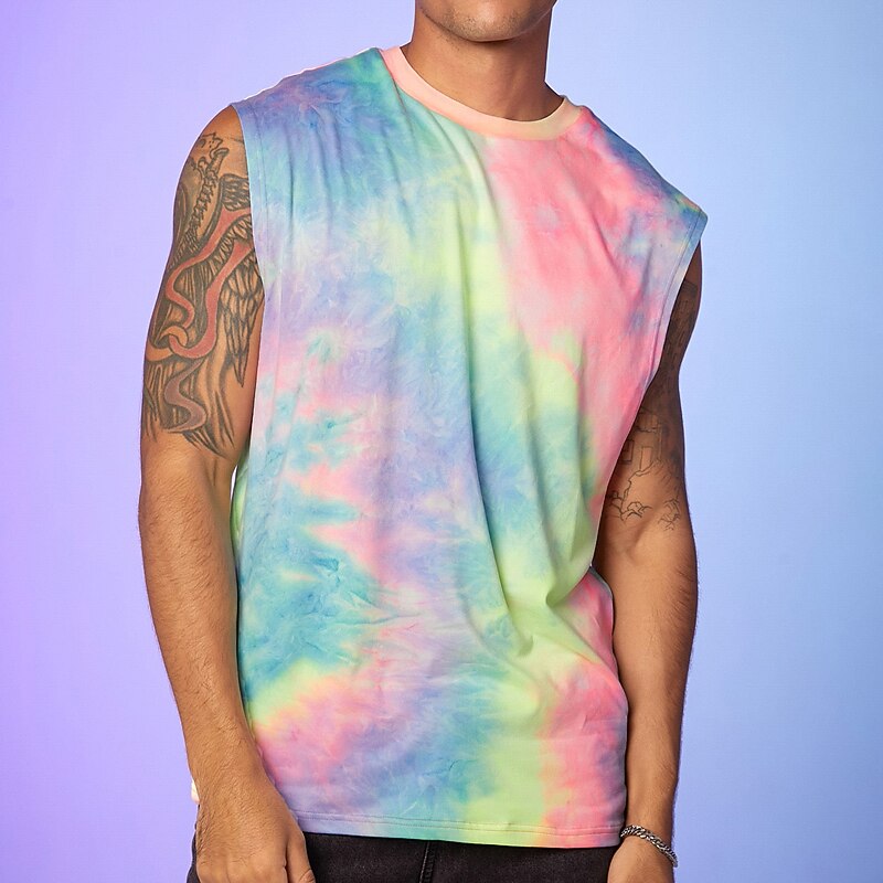 Men's Tank Top Vest Top Undershirt Sleeveless Shirt Sleeveless Crewneck Summer Tie Dyed Fashion Daily Sport Print Vacation Sports & Outdoor Going out Yellow Pink Blue Top Tee for Men3