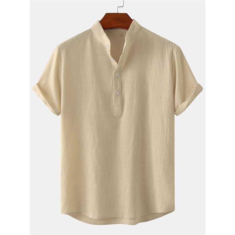 Men's Shirt Chinese Collar Shirt Mandarin Collar Shirt Summer Shirt Casual Shirt Black White Light Green Blue Orange Short Sleeve Plain Band Collar Vacation Daily Clothing Apparel Cotton Cotton Blend