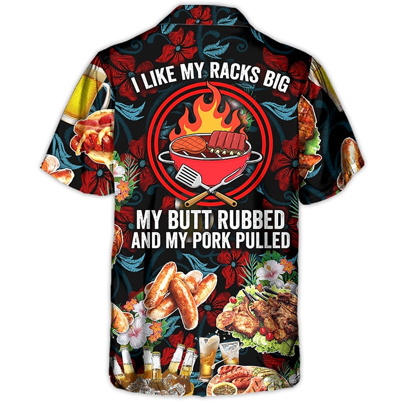 Men's Food Letter Barbecue Shirt Summer Hawaiian Shirt Aloha Shirt Short Sleeve Shirt Cuban Collar Sports Fashion Streetwear Outdoor Casual Hawaiian Red Green S M L2