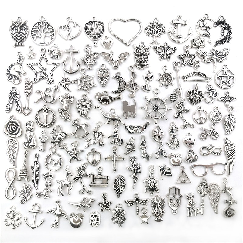 100 PCS Bulk Lots Jewelry Making Silver Charms Mixed Smooth Tibetan Silver Metal Charms Pendants DIY For Necklace Bracelet Jewelry Making And Crafting