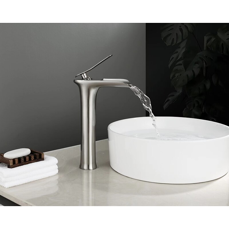 Waterfall Bathroom Sink Mixer Faucet Tall, Mono Wash Basin Single Handle Basin Taps Washroom with Hot and Cold Hose Monobloc Vessel Water Brass Tap Deck Mounted 5