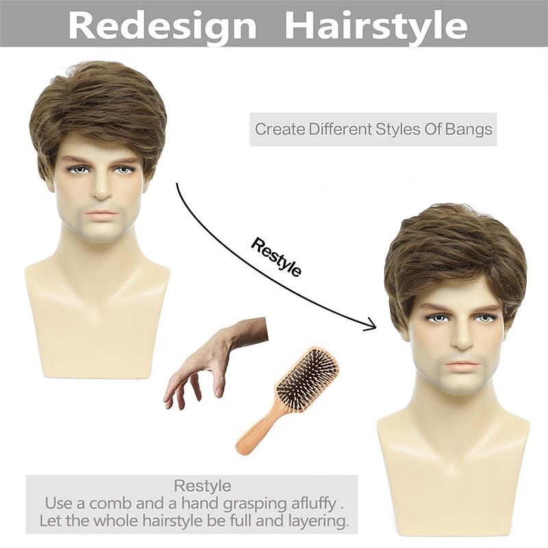Mens Wigs Short Brown Wig Men Natural Fluffy Cosplay Costume Synthetic Mens Wig for Male Guy2