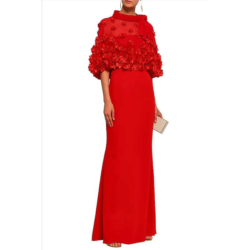 Sheath Evening Gown Elegant Dress Wedding Guest Formal Evening Floor Length Half Sleeve Jewel Neck Fall Wedding Reception  with Pleats2