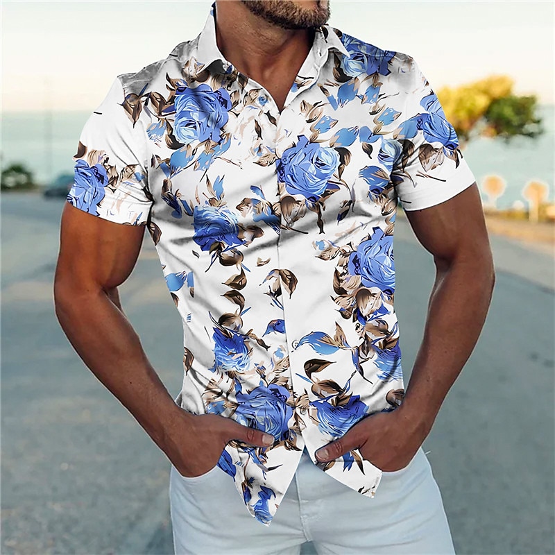 Men's Floral Shirt Button Up Shirt Short Sleeve Fashion Streetwear Designer Outdoor Street Daily Summer Spring Turndown Print Black White Navy Blue Blue Gold3