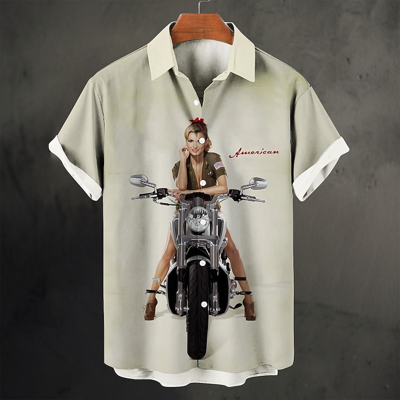 Men's Vintage Motorcycle Pin Up Girl Shirt Summer Hawaiian Shirt Aloha Shirt Short Sleeves Shirt Turndown Vintage Fashion Streetwear Outdoor Street Casual White Red Beige S M L2