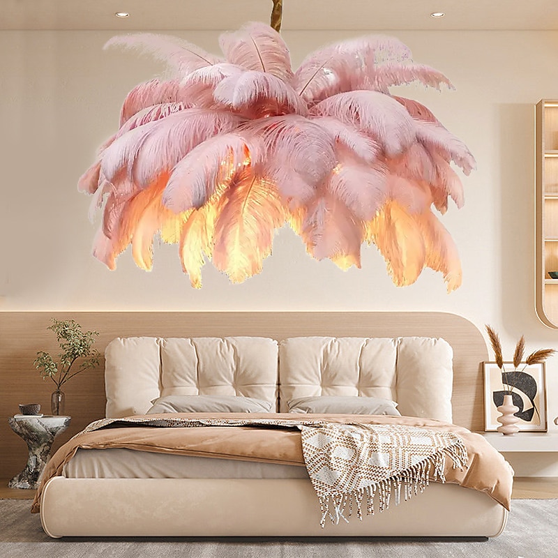 LED Pendant Light Chandelier Gorgeous Extra Large White Ostrich Feather Bouquet Pendant Light Romantic Mounted Lighting Fixture for Restaurant Bedroom Chain Adjustable3