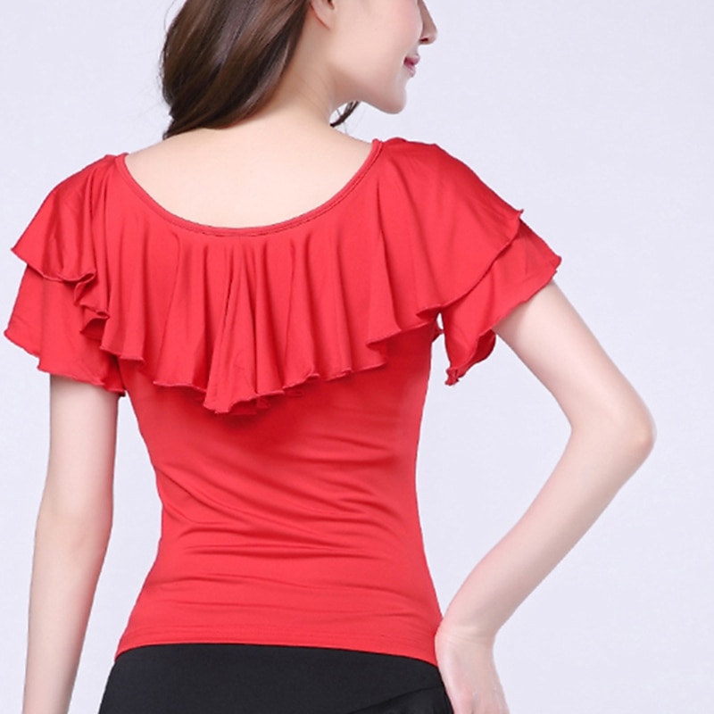 Latin Dance Ballroom Dance Activewear Top Ruffles Pure Color Splicing Women's Performance Training Short Sleeve Milk Fiber3