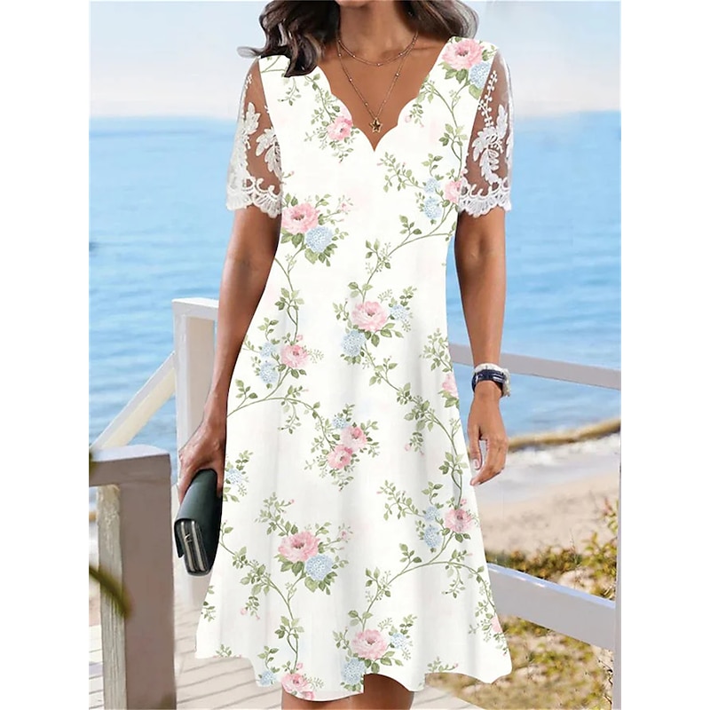 Women's Floral Contrast Lace Lace Scalloped Neck Lace Sleeve Midi Dress Daily Vacation Short Sleeve Summer Spring4