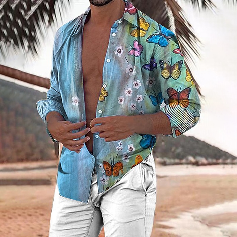 Men's Butterfly Shirt Summer Hawaiian Shirt Aloha Shirt Long Sleeve Shirt Turndown Fashion Streetwear Designer Outdoor Street Casual White Yellow Green S M L4