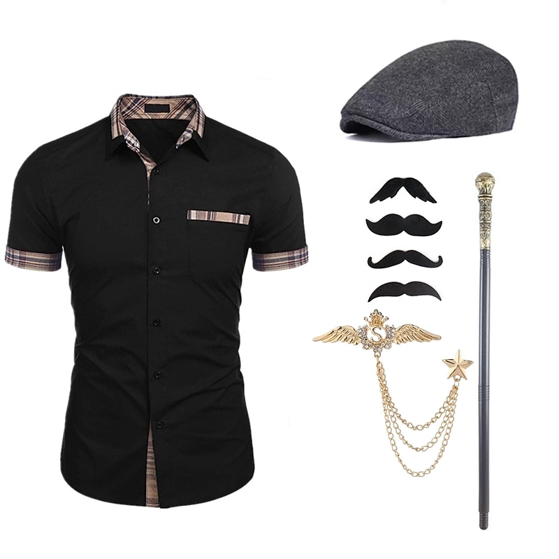 Mens 1920s Gangster Shirt with Accessories Set the Great Gatsby Retro Vintage Cosplay Costume Hat Beard Brooch Cane2
