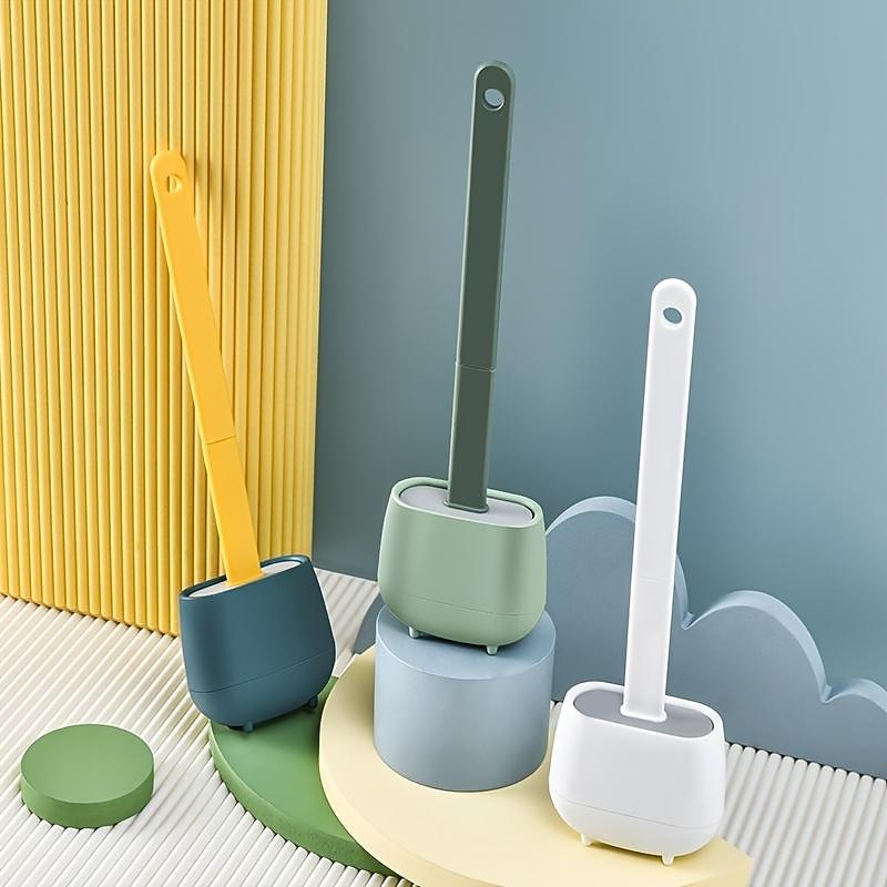 1pc, Silicone Toilet Brush And Holder Set For Bathroom, Wall Toilet Wand No-Slip Long Handle Soft Silicone Bristle Clean Toilet Corner Easily, Flexible Toilet Bowl Brush Head With Silicone Bristles