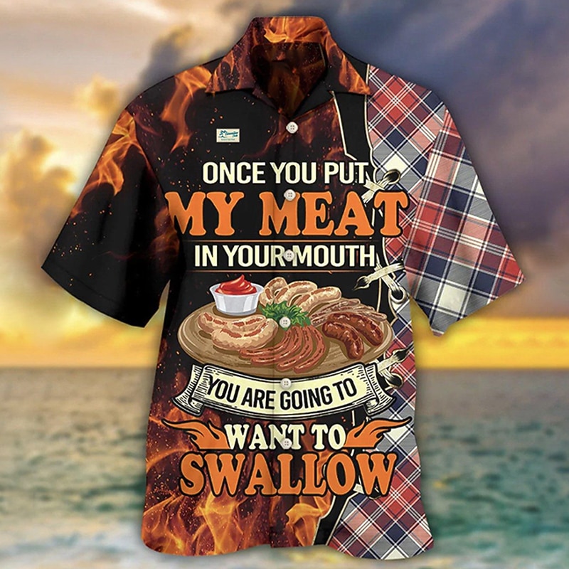 Men's Food Letter Shirt Button Up Shirt Short Sleeve Tropical Fashion Hawaiian Outdoor Daily Beach Summer Spring Turndown Print Button-Down Black Black / Green Yellow Light Green Black / Red