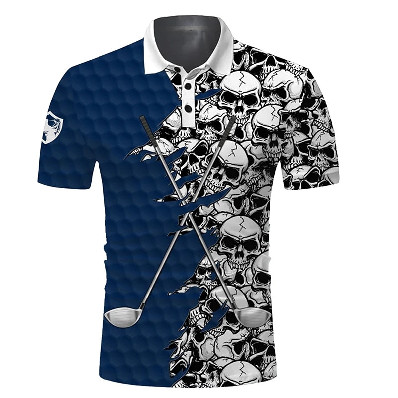 Men's Skull Sports Polo Shirts Golf Shirt Short Sleeve Polo Shirts Collared Shirts Casual Sportswear Vacation Wear 3D Print Buttons Black White Yellow2