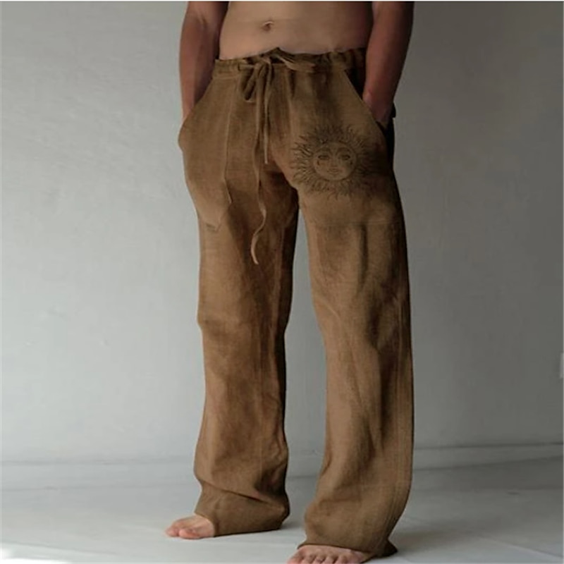 Men's Linen Pants Trousers Summer Pants Beach Pants Print Straight Leg Graphic Sun Soft Outdoor Full Length Home Casual Daily Fashion Streetwear White Blue Micro-elastic4