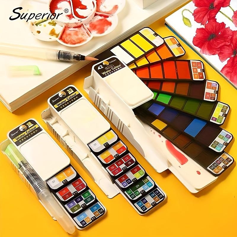 Superior 18/25/33/42 Color Solid Fan-shaped Watercolor Paint Watercolor Painting Tools Set Children's Safety Non-toxic Washable Watercolor Paint Mini Portable Travel Painting Supplies