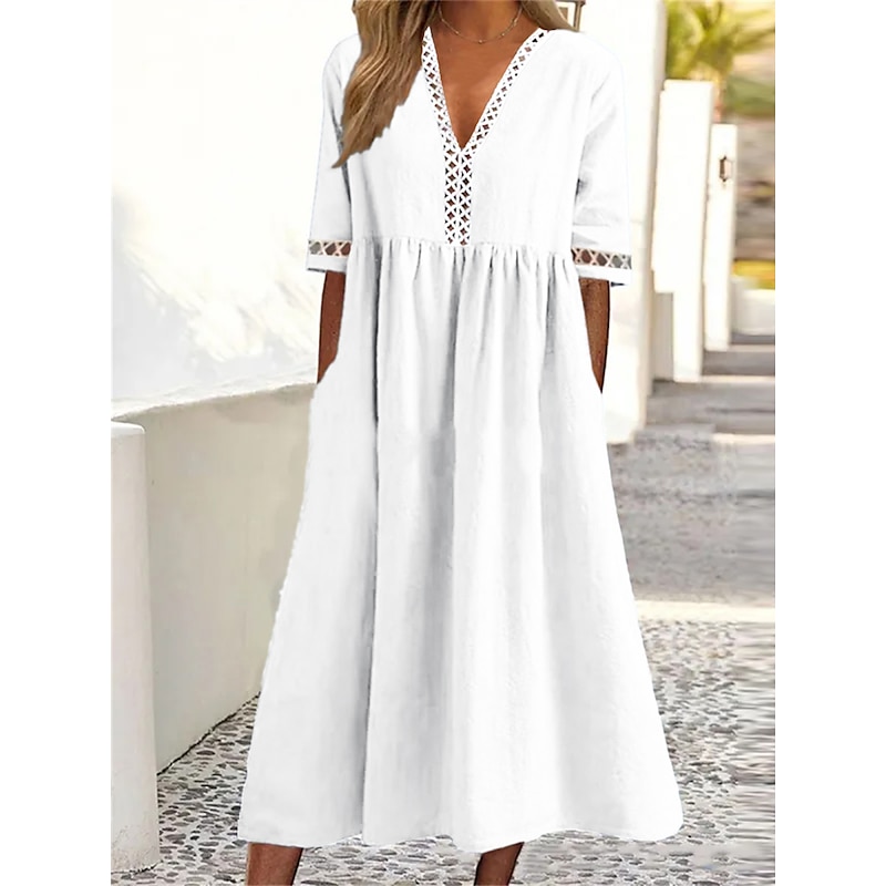 Women's White Yellow Pink Summer Spring Fall Midi Dress Cotton Linen Dresses Casual Dress Swing Dress Basic Classic Casual Outdoor Vacation Daily Loose Fit Plain V Neck4