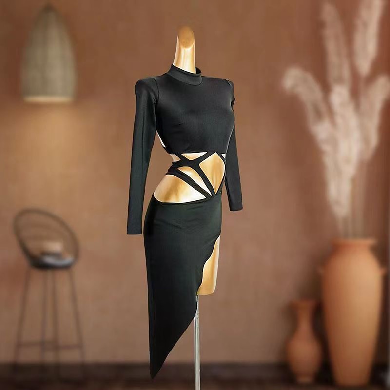Dance Salsa Latin Dance Dress Hollow-out Pure Color Splicing Women's Performance Party Long Sleeve Polyester4