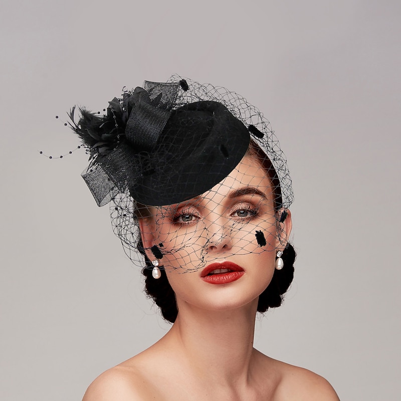 Black Funeral Hat Feather Net Pillbox Fascinators Hats Headwear with Feather Floral 1PC Special Occasion Horse Race Ladies Day Headpiece dress to impress Race Day Dress