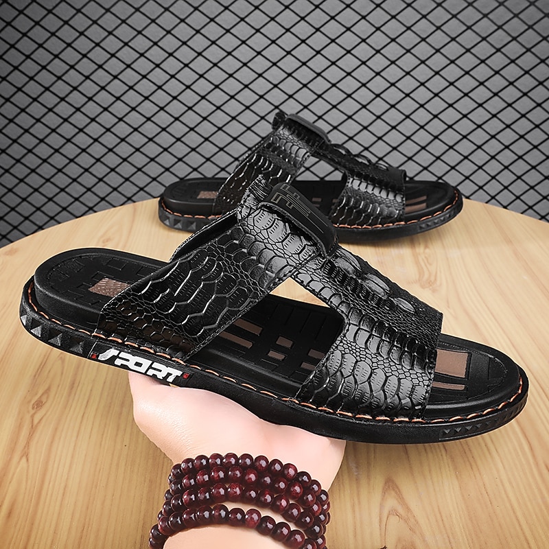 Men's Burgundy Crocodile-Pattern Slide Sandals – Luxury Leather Open-Toe Slippers with Non-Slip Sole for Casual and Summer Wear 9