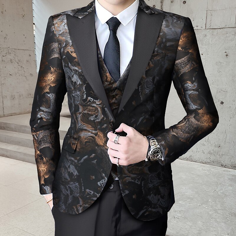 Men's Wedding Party Tuxedos Black Red Printing Standard Fit 3 Piece Single Breasted One-button4