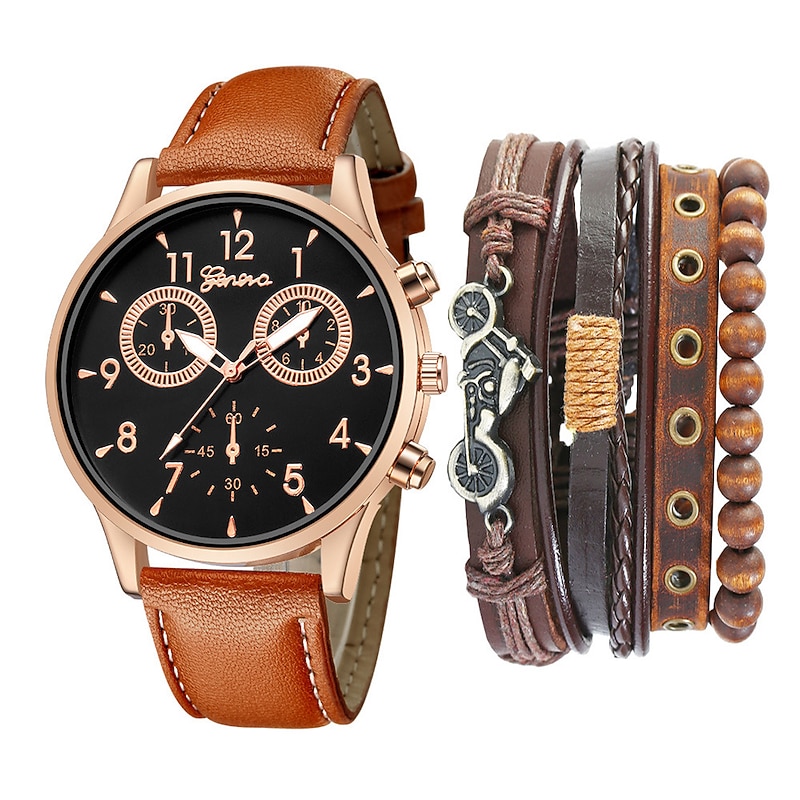 Watch Set Men's Fashion Casual Two Eye Belt Quartz WatchBicycle Punk Bracelet 5pcs/set