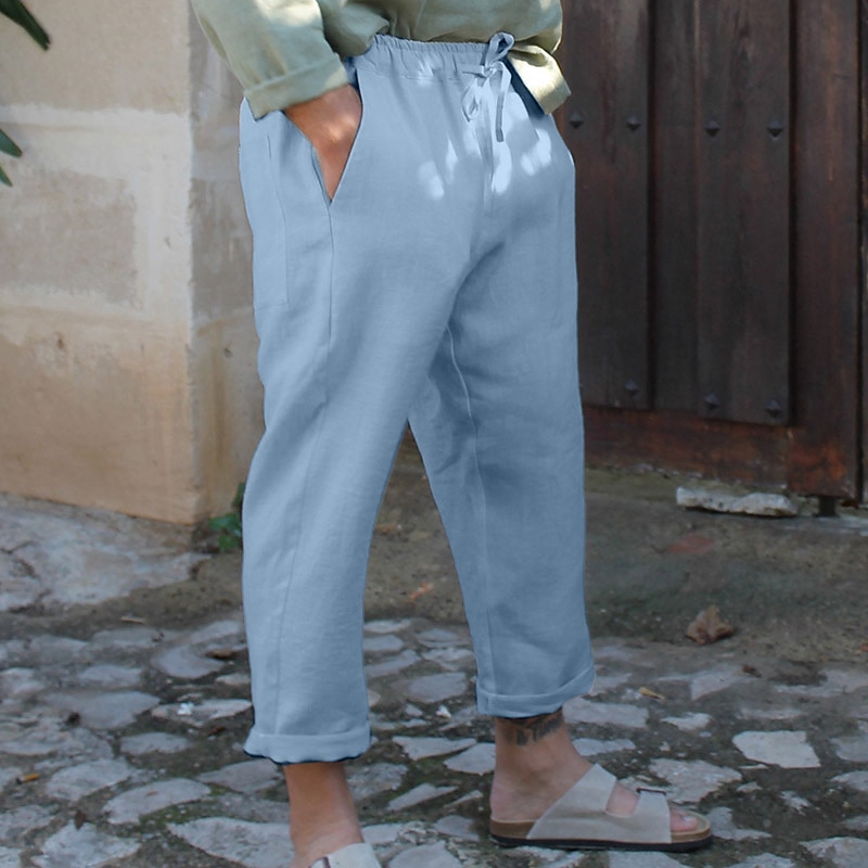 Men's Linen Pants Trousers Summer Pants Drawstring Elastic Waist Plain Comfort Breathable Casual Daily Holiday Fashion Classic Style Black White3