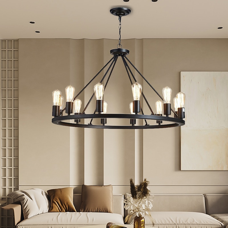 LED Pendant Light Vintage Painted Metal Chandelier Lighting, with 6/8/10/12 Lights, Rustic Vintage Farmhouse Chandelier Lighting, Carriage Wheel Pendant, Black
