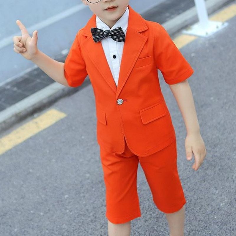 3 Pieces Kids Boys Suit & Blazer Shirt & Shorts Outfit Solid Color Short Sleeve Cotton Set Casual Fashion Cool Summer Spring 7-13 Years Black White Blue4