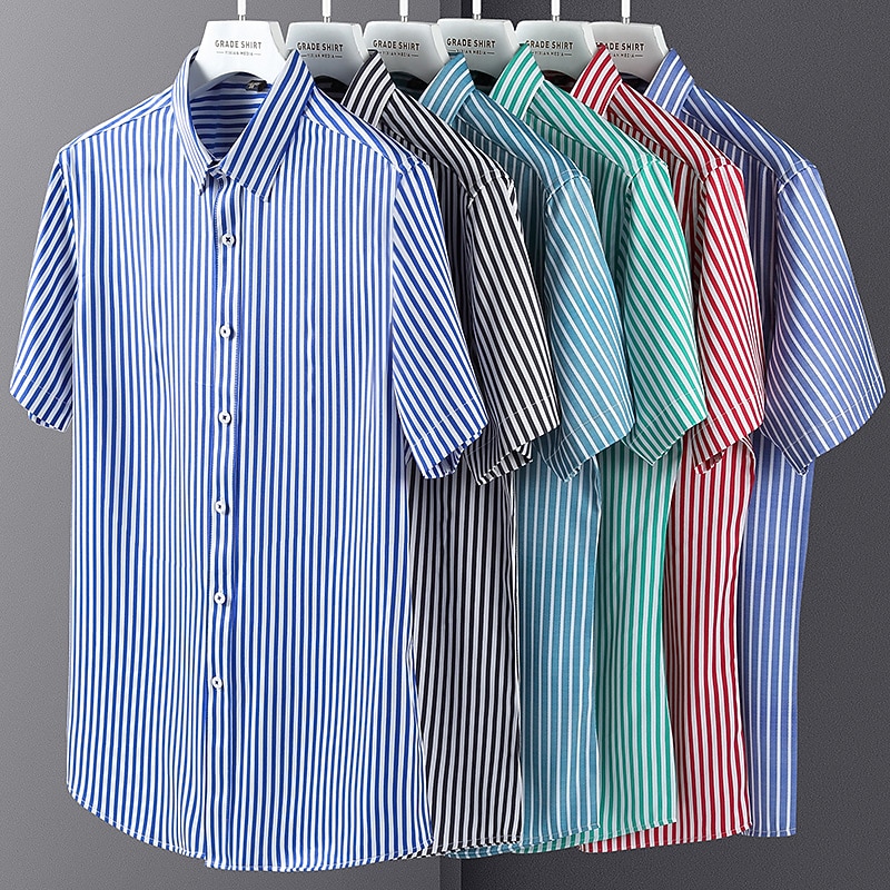 Men's Dress Shirt Striped Shirt Non Iron Shirt Stripe Wedding Vacation Black Light Green Red Royal Blue Short Sleeve Turndown All Seasons Clothing Apparel Button-Down - Main Image