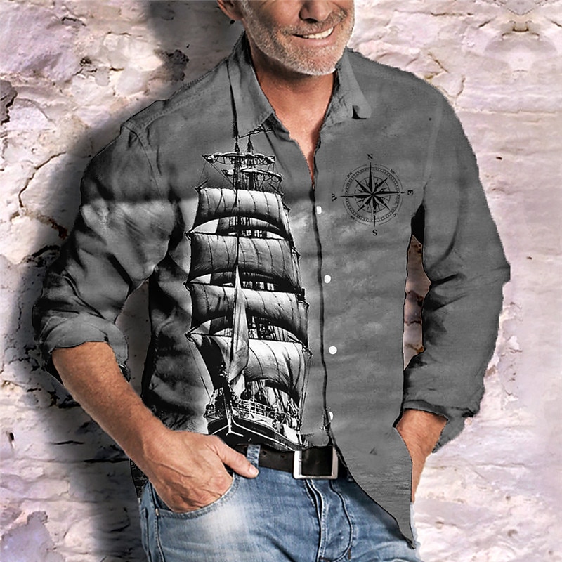 Men's Nautical Vintage Sailboat Shirt Button Up Shirt Long Sleeve Fashion Streetwear Designer Outdoor Casual Daily Summer Spring Fall Turndown Print Blue Green Khaki Gray4