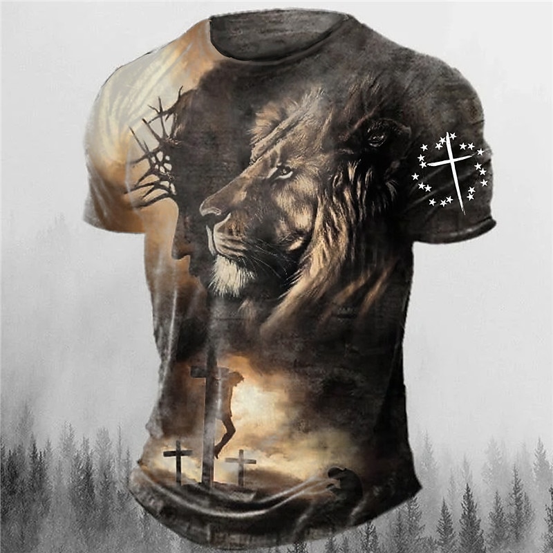 Men's Graphic Animal Lion Faith T Shirt Short Sleeve T shirt 3D Print Crew Neck Shirt Vintage Fashion Designer Outdoor Daily Sports Red Blue Brown Spring & Summer Clothing Apparel S M L XL 2XL 3XL