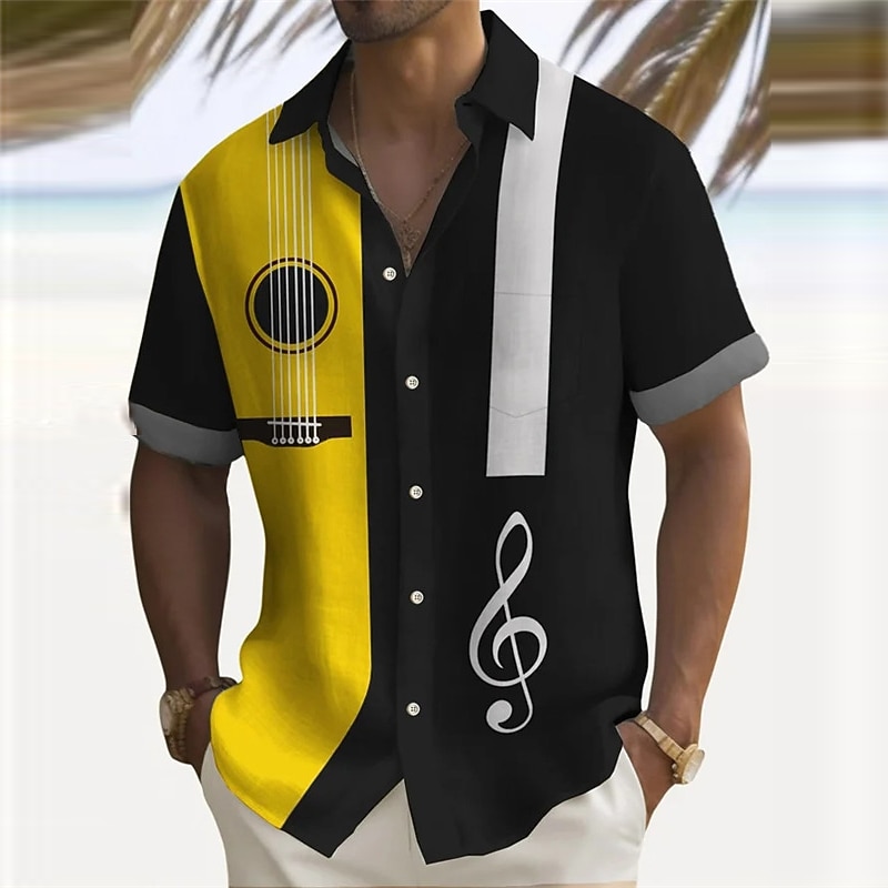 Men's Boardmasters Striped Music Shirt Button Up Shirt Short Sleeve Fashion Streetwear Designer Daily Going out Weekend Summer Spring Turndown Print Yellow Navy Blue Orange