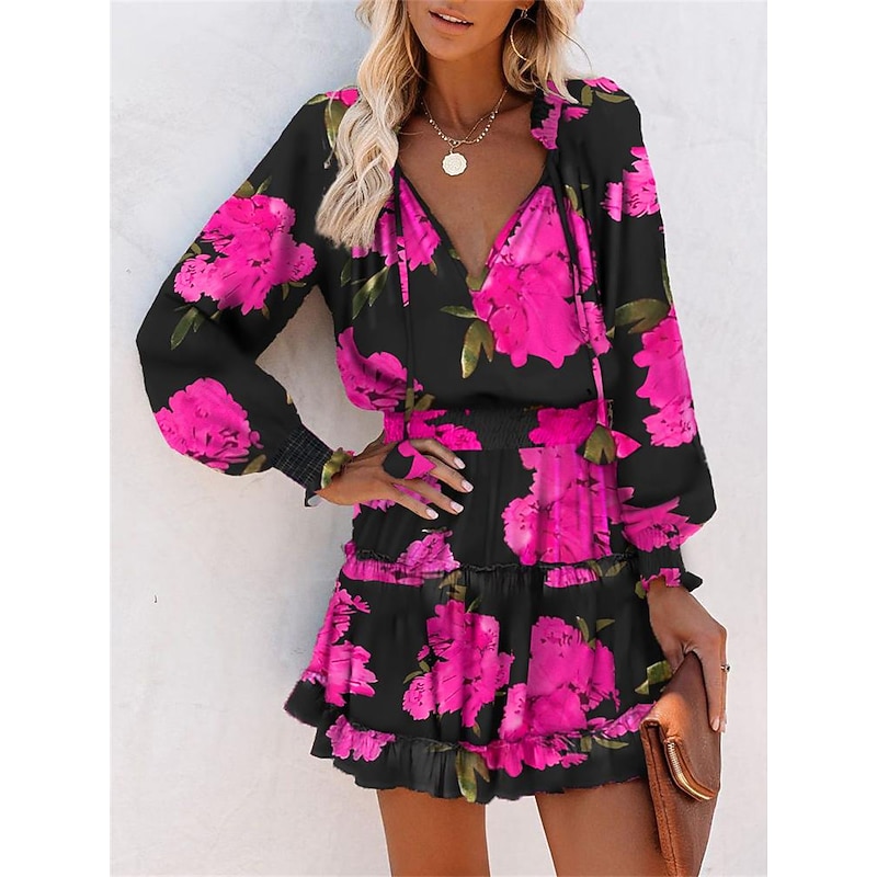 Women's Floral Leopard Ruched Ruffle V Neck Mini Dress Daily Vacation Long Sleeve Summer Spring4