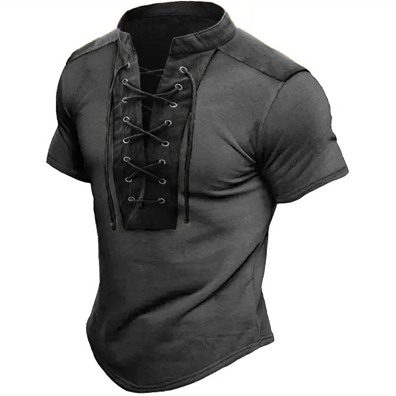 Men's T Shirt Tee Short Sleeve Collar Summer Graphic Color Block Vintage Fashion Designer Lace up Print Casual Daily Sports Black Blue Brown Top Tee for Men2