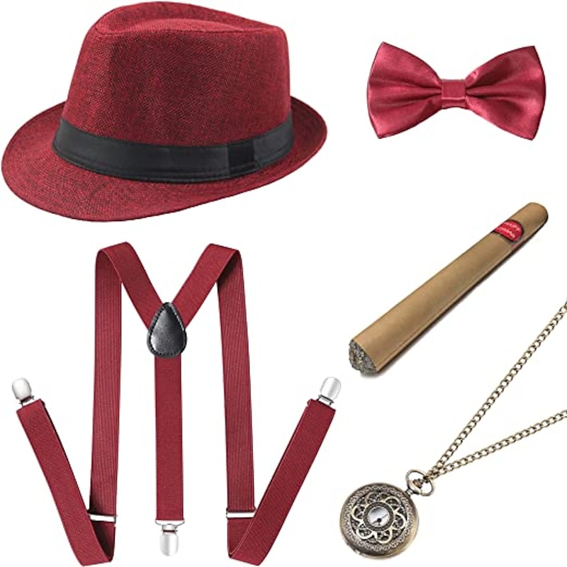 1920s Roaring Retro Men Costume Accessories Set Gangster Hat Fedora Hat Bow Tie Pocket Watch Suspender 5 Pcs3
