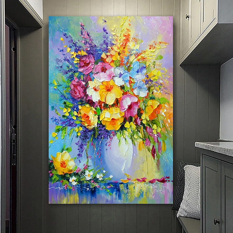 Oil Painting Hand Painted Vertical Abstract Floral / Botanical Modern Stretched Canvas4