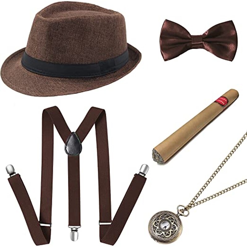 1920s Roaring Retro Men Costume Accessories Set Gangster Hat Fedora Hat Bow Tie Pocket Watch Suspender 5 Pcs2