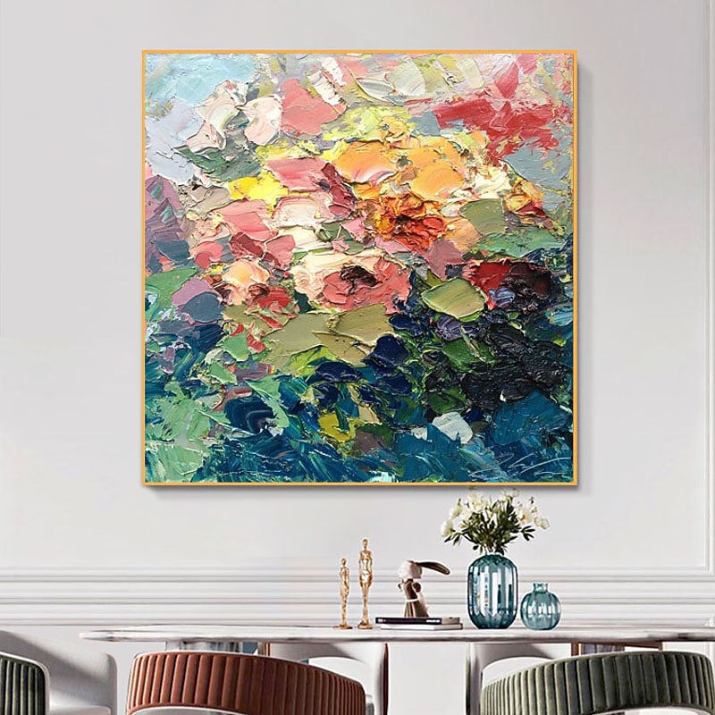Oil Painting Hand Painted Square Abstract Floral / Botanical Classic Modern Rolled Canvas (No Frame) 5