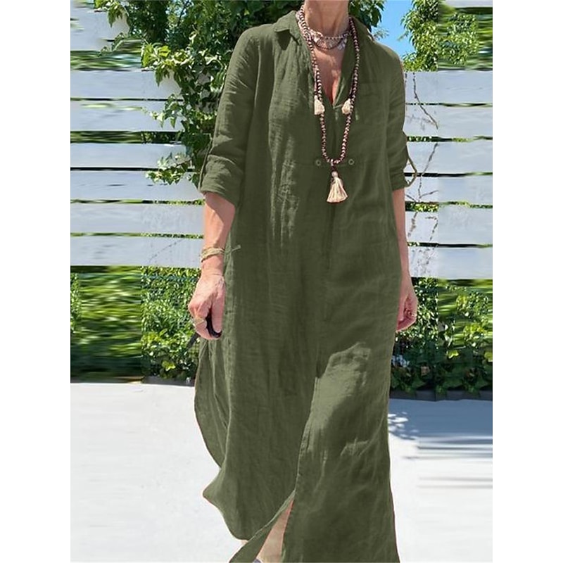 Women's Navy Blue Green khaki Summer Spring Fall Maxi long Dress Cotton Linen Dresses Shirt Dress Casual Dress Basic Casual Outdoor Daily Loose Fit Pure Color Shirt Collar